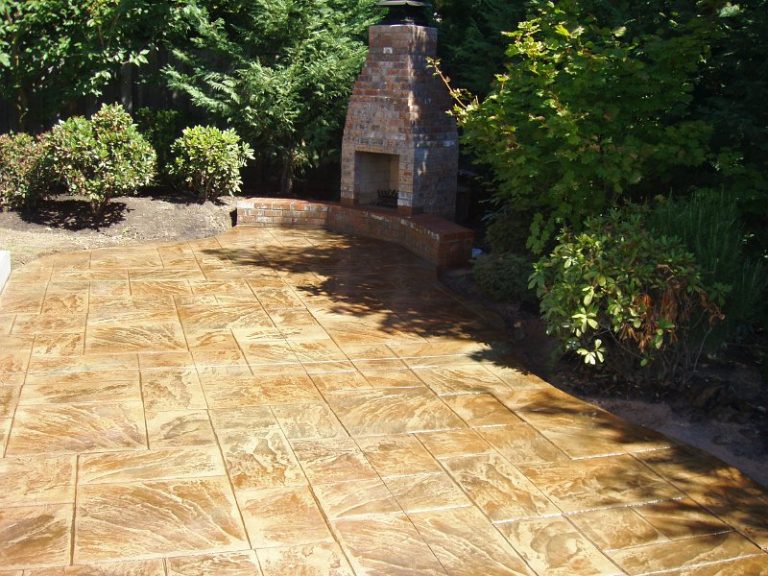 Stamped patio with fireplace